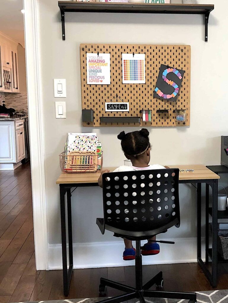 Check Out Part Two of The Kid's Homework Station and Playroom Storage Makeover. It's Now A Home Work Space That's Perfect For Home School or After School Activities and Great For Small Spaces.