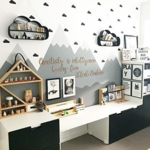I love this black and white playroom idea or nursery idea! Check out 50 amazing playrom storage ideas!