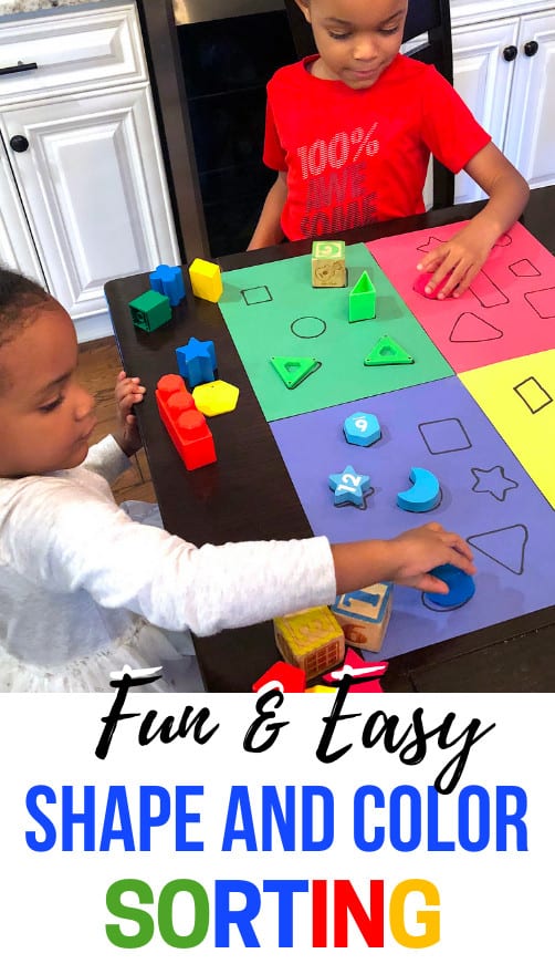 Toddler Learning Activities that involve shapes are an absolute must. Easy toddler activities that include colors are awesome as well. This sorting activity combines the two!