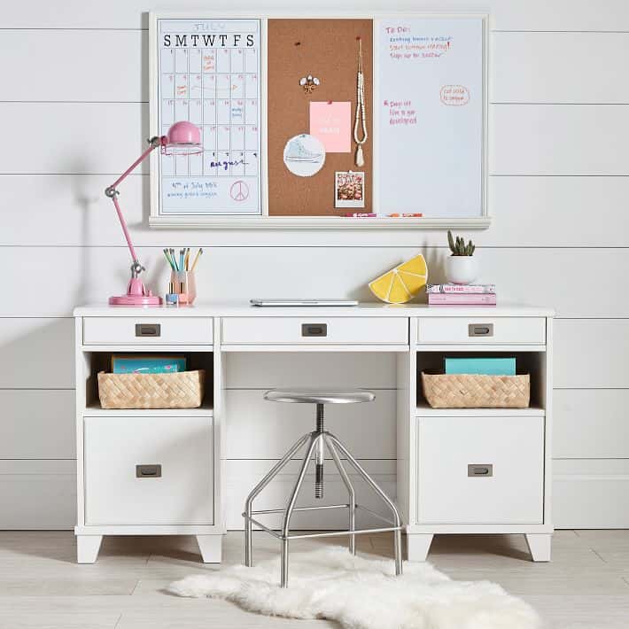 I LOVE this Pottery Barn  Combination Cork Board and Bulletin Board! Super Helpful For Distance Learning. Check Out My Complete List Of School Supplies To Get Your Child Prepapred For A Successful Year! 