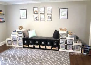 My Kid's Messy, Half Organized, Play Space Gets An IKEA Playroom Storage Makeover Into a Chíc, Organized, Kid's Room! We Painted Trofast Units Using Playrooms Ideas With Design Budget In Mind