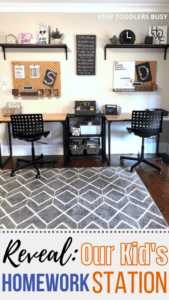 Check Out Part Two of The Kid's Homework Station and Playroom Storage Makeover. It's Now A Home Work Space That's Perfect For Home School or After School Activities and Great For Small Spaces.