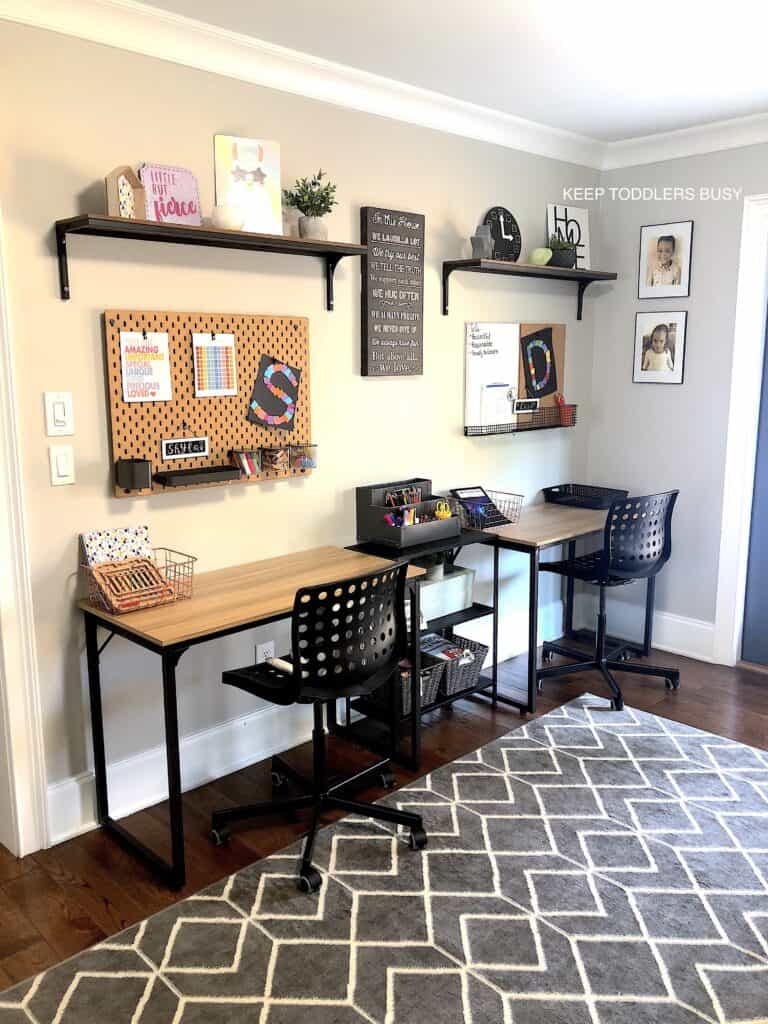 Check Out Part Two of The Kid's Homework Station and Playroom Storage Makeover. It's Now A Home Work Space That's Perfect For Home School or After School Activities and Great For Small Spaces.