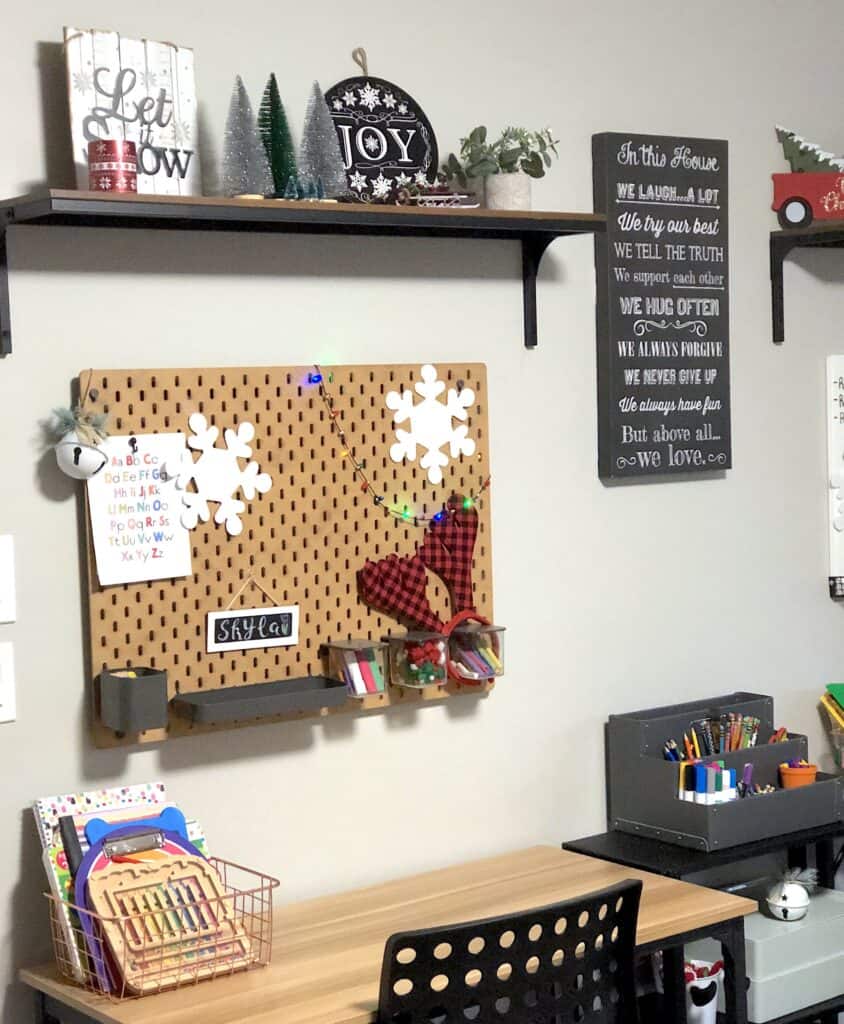 We decided to add a few subtle Christmas Decor touches to the kid's playroom and homeschool room for Holidays! This Will be a Great Place To Do Their Christmas Crafts and Christmas Games.