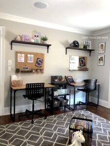 Check Out Part Two of The Kid's Homework Station and Playroom Storage Makeover. It's Now A Home Work Space That's Perfect For Home School or After School Activities and Great For Small Spaces.