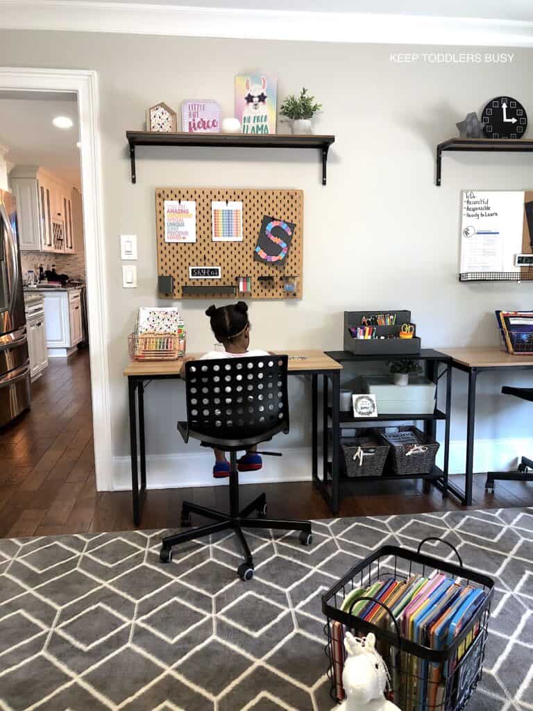 Check Out Part Two of The Kid's Homework Station and Playroom Storage Makeover. It's Now A Home Work Space That's Perfect For Home School or After School Activities and Great For Small Spaces.