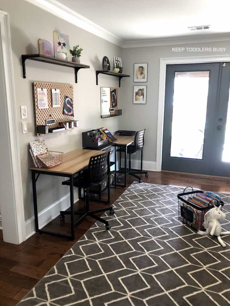 Check Out Part Two of The Kid's Homework Station and Playroom Storage Makeover. It's Now A Home Work Space That's Perfect For Home School or After School Activities and Great For Small Spaces.