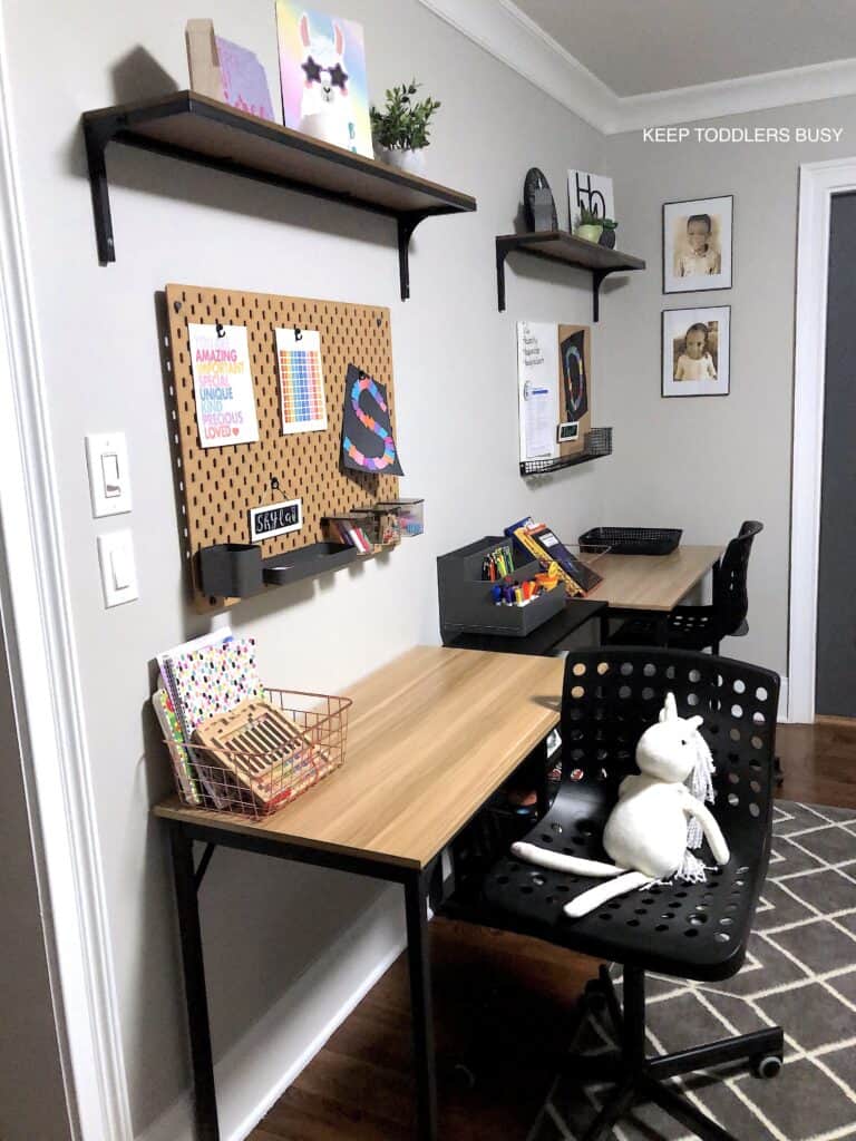 Check Out Part Two of The Kid's Homework Station and Playroom Storage Makeover. It's Now A Home Work Space That's Perfect For Home School or After School Activities and Great For Small Spaces.