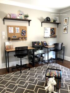 Check Out Part Two of The Kid's Homework Station and Playroom Storage Makeover. It's Now A Home Work Space That's Perfect For Home School or After School Activities and Great For Small Spaces.