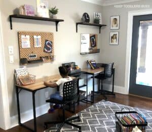 Check Out Part Two of The Kid's Homework Station and Playroom Storage Makeover. It's Now A Home Work Space That's Perfect For Home School or After School Activities and Great For Small Spaces.