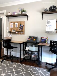 Check Out Part Two of The Kid's Homework Station and Playroom Storage Makeover. It's Now A Home Work Space That's Perfect For Home School or After School Activities and Great For Small Spaces.